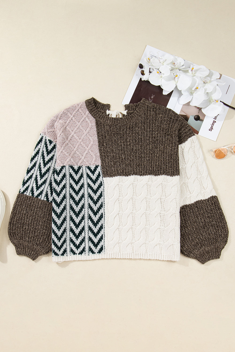 Brown Plus Size Color Block Patchwork Knotted Back Loose Fit Sweater-TOPS / DRESSES-[Adult]-[Female]-2022 Online Blue Zone Planet