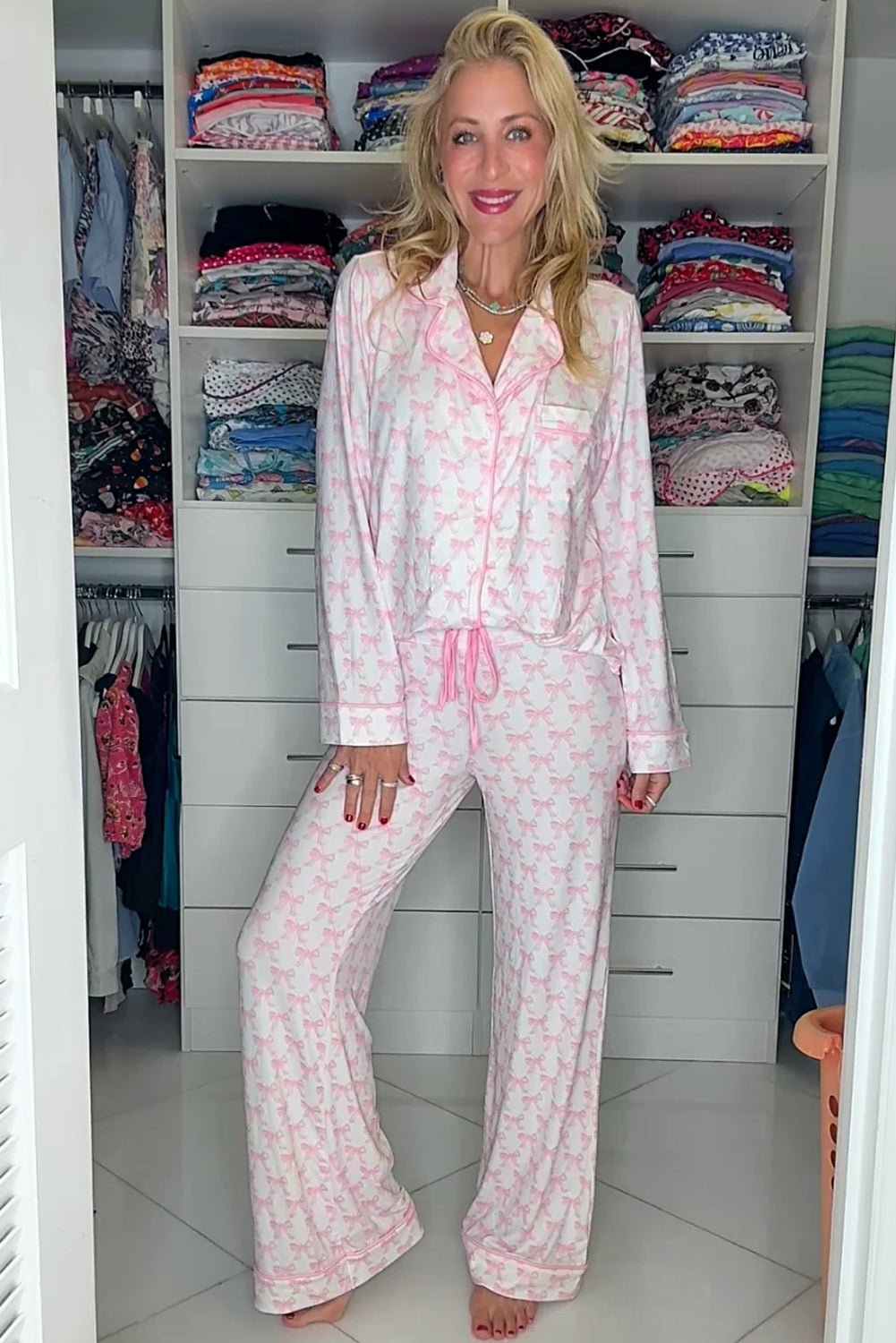 Pink Bow Print Long Sleeve Shirt and Pants Soft Pajama Set-Loungewear & Sleepwear/Sleepwear-[Adult]-[Female]-2022 Online Blue Zone Planet