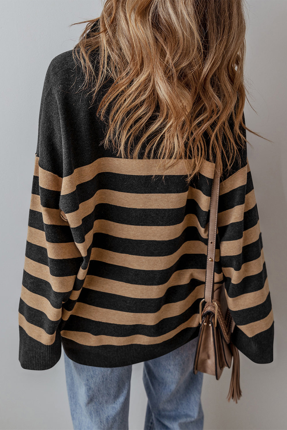 Black Stripe Collared Quarter Zipper Oversized Sweater-Sweaters & Cardigans/Sweaters-[Adult]-[Female]-2022 Online Blue Zone Planet