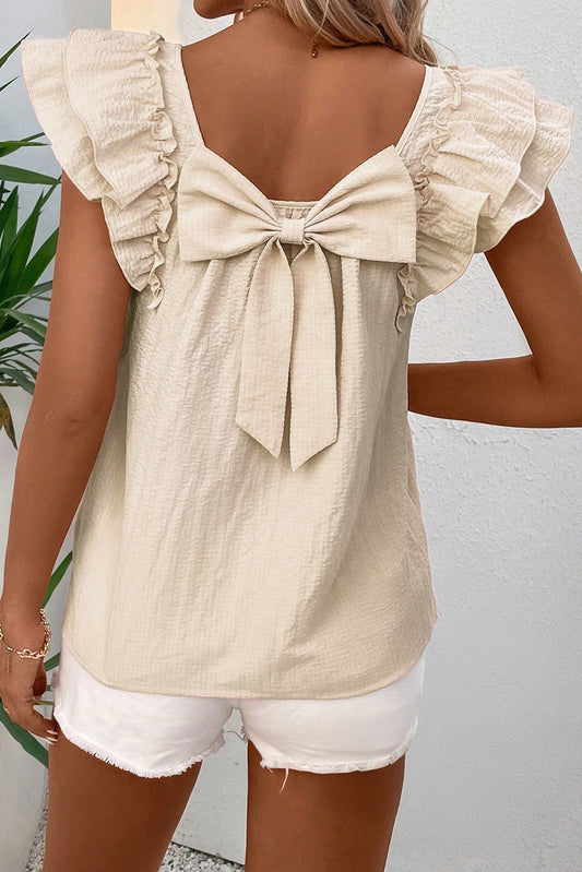 Beige Textured Bow Knot Frilled Butterfly Sleeve Blouse-Tops/Blouses & Shirts-[Adult]-[Female]-Beige-S-2022 Online Blue Zone Planet