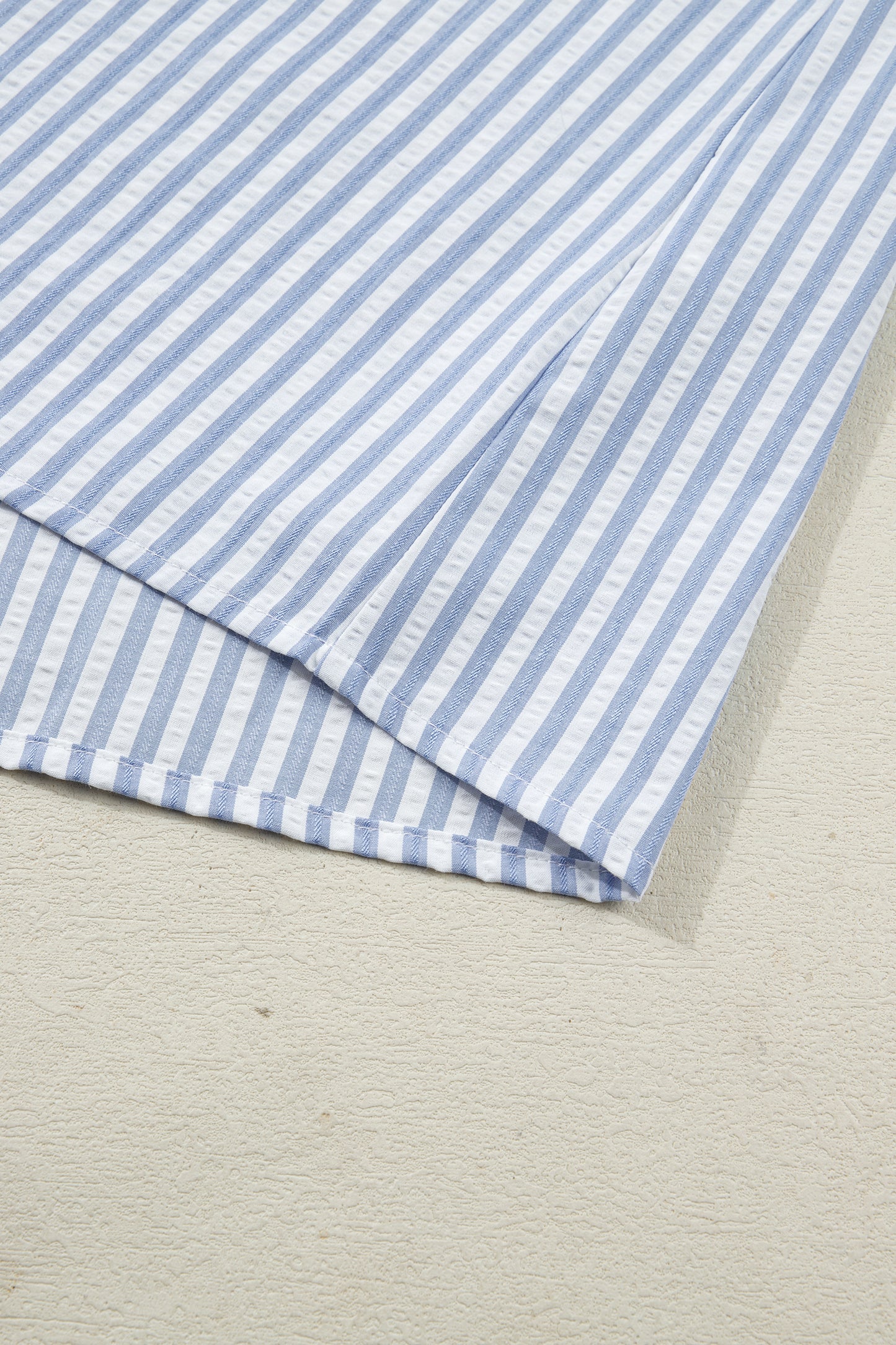 Sky Blue Stripe Plus Size Leopard Patchwork Collar Short Bubble Sleeve Blouse-Plus Size/Plus Size Tops/Plus Size Blouses & Shirts-[Adult]-[Female]-2022 Online Blue Zone Planet