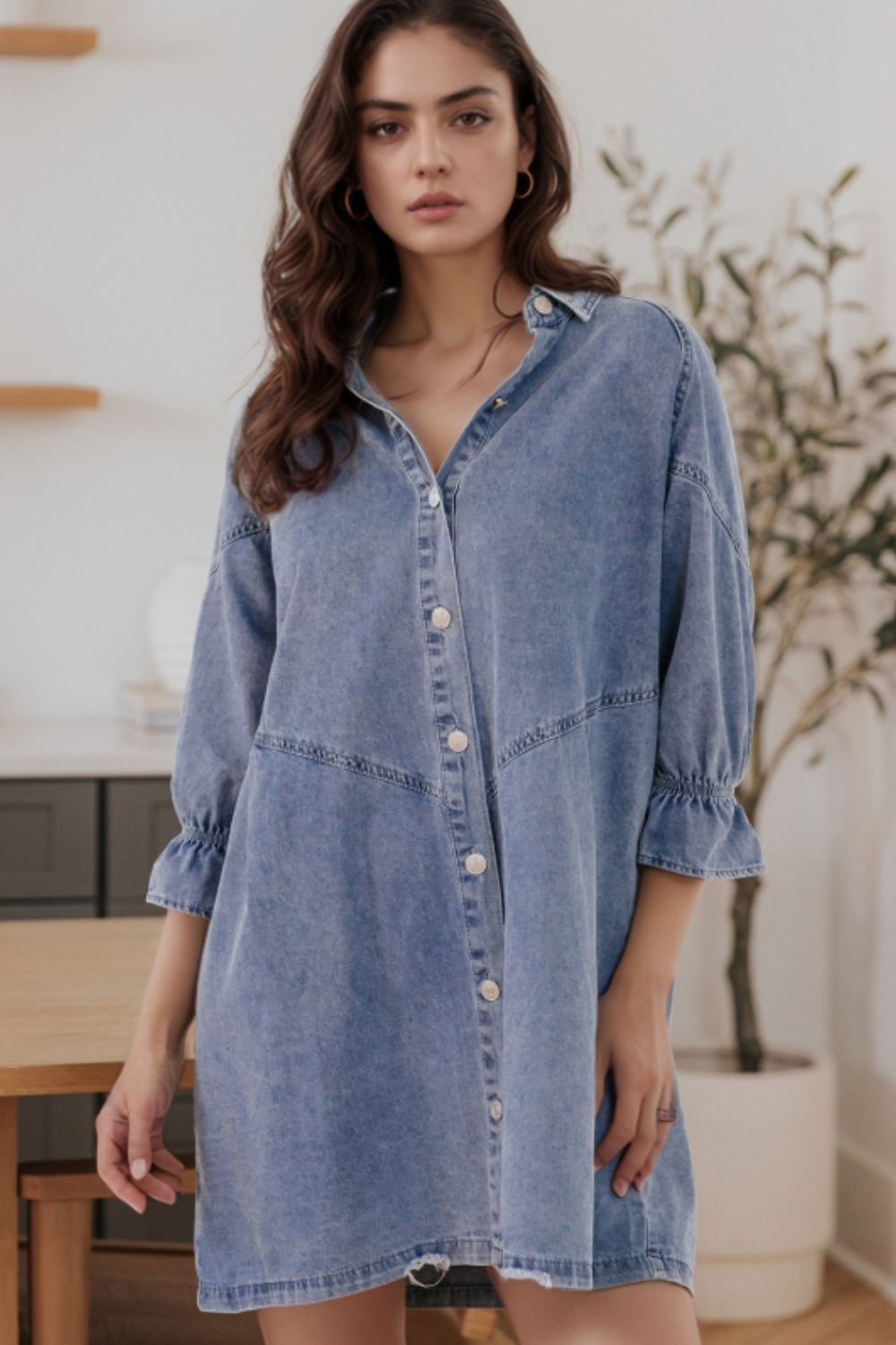 Blue Zone Planet | Distressed Collared Neck Flounce Sleeve Denim Dress-TOPS / DRESSES-[Adult]-[Female]-2022 Online Blue Zone Planet