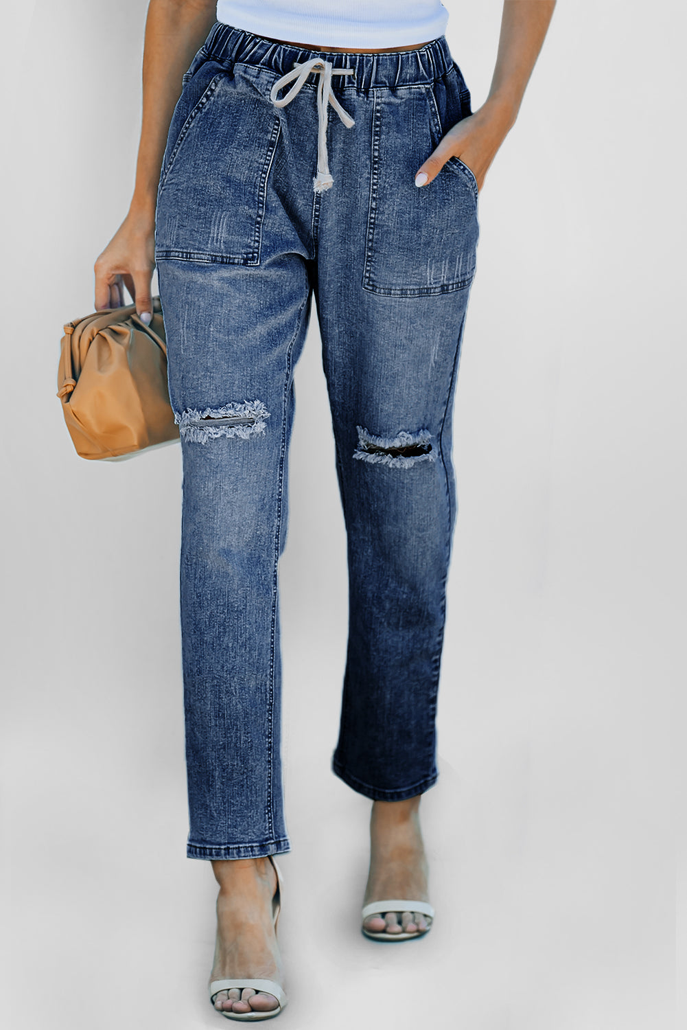 Dark Blue Gather Round Distressed Pocketed Denim Jogger-Bottoms/Jeans-[Adult]-[Female]-2022 Online Blue Zone Planet