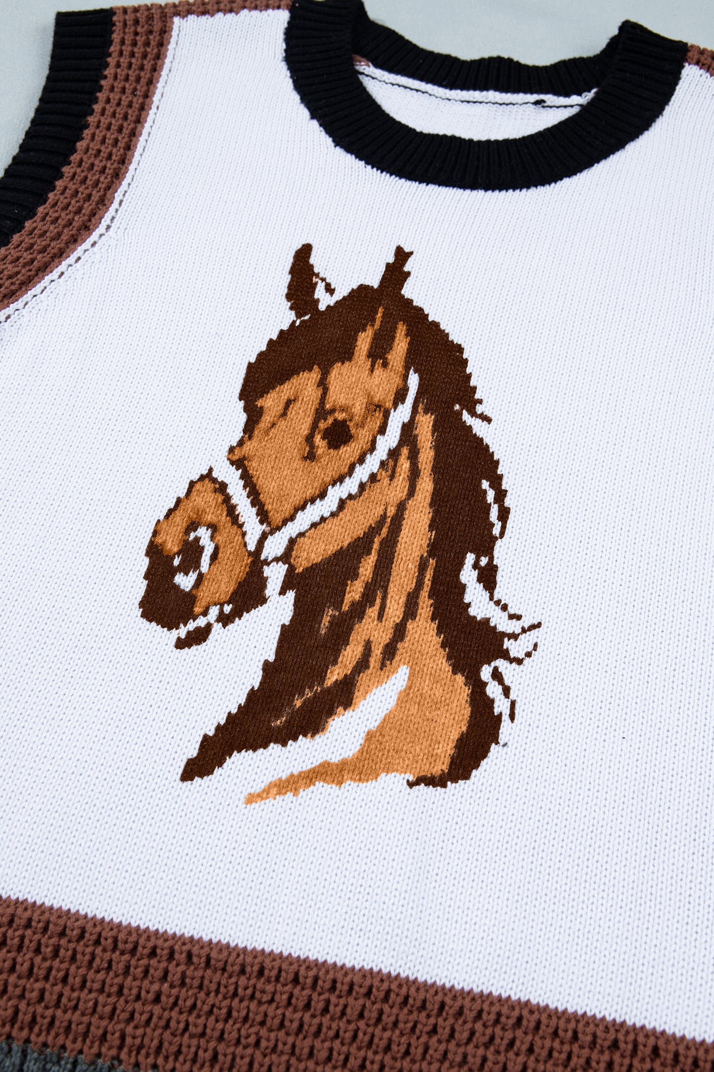 White Western Horse Head Colorblock Trim Sweater Vest-TOPS / DRESSES-[Adult]-[Female]-2022 Online Blue Zone Planet