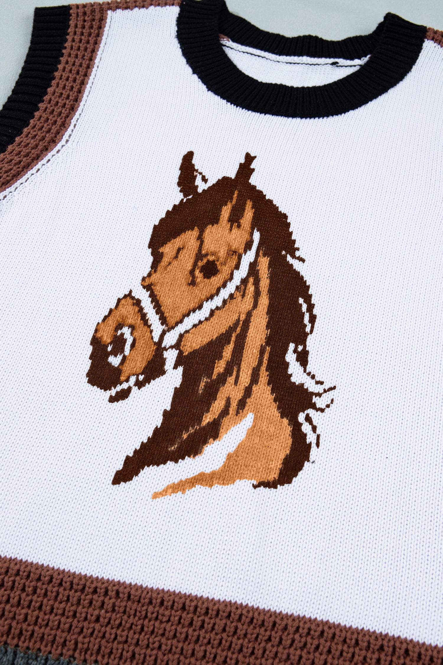 White Western Horse Head Colorblock Trim Sweater Vest-TOPS / DRESSES-[Adult]-[Female]-2022 Online Blue Zone Planet