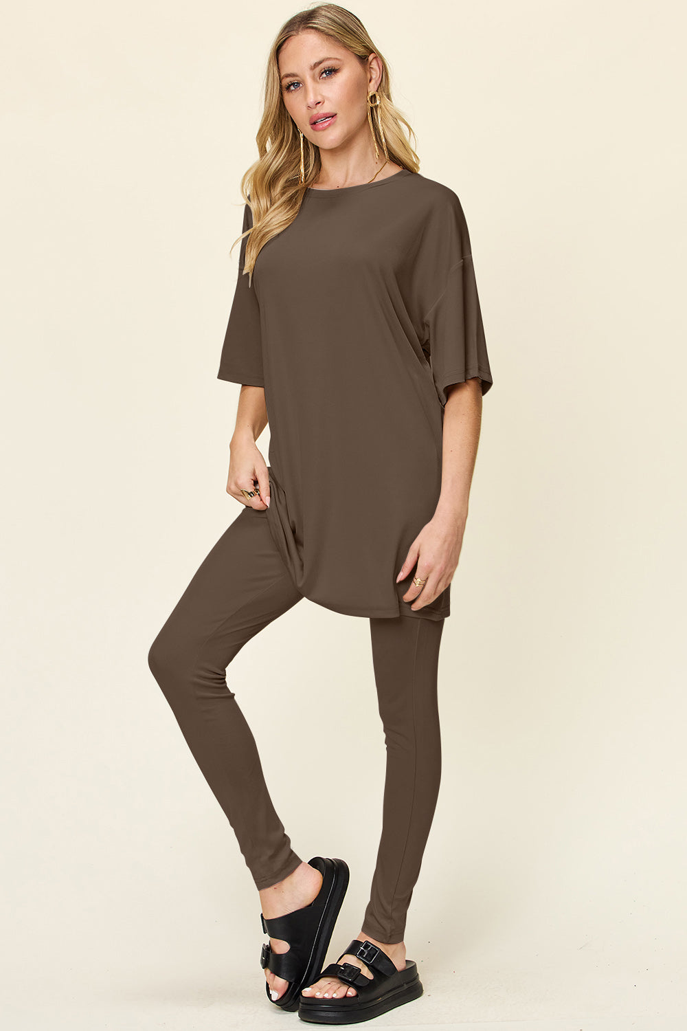 Double Take Full Size Round Neck Dropped Shoulder T-Shirt and Leggings Set-TOPS / DRESSES-[Adult]-[Female]-Mocha-S-2022 Online Blue Zone Planet