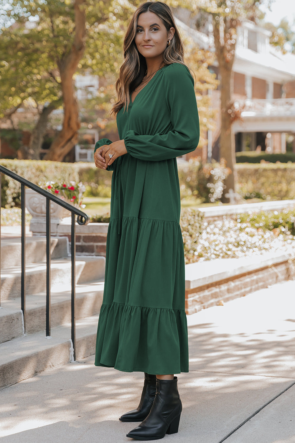 Blackish Green Solid Long Sleeve Button V Neck Tiered Maxi Dress-Dresses/Maxi Dresses-[Adult]-[Female]-2022 Online Blue Zone Planet