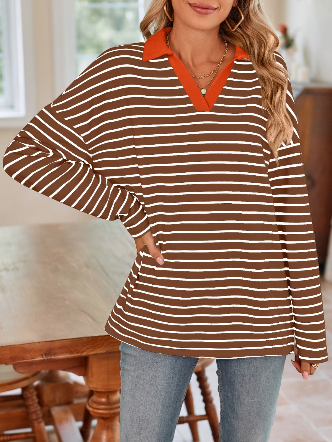 Blue Zone Planet | Lovelet Striped Johnny Collar Long Sleeve T-Shirt-TOPS / DRESSES-[Adult]-[Female]-2022 Online Blue Zone Planet