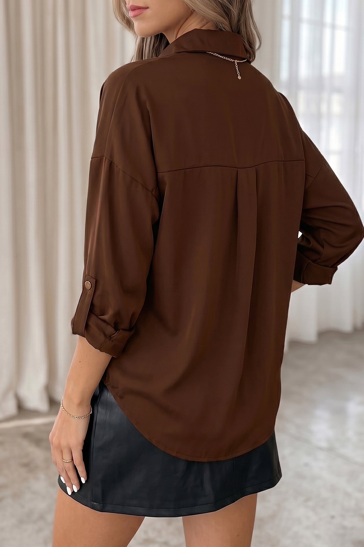 Coffee Multi Button Decoration Tab Long Sleeve Casual Shirt-Tops/Blouses & Shirts-[Adult]-[Female]-2022 Online Blue Zone Planet