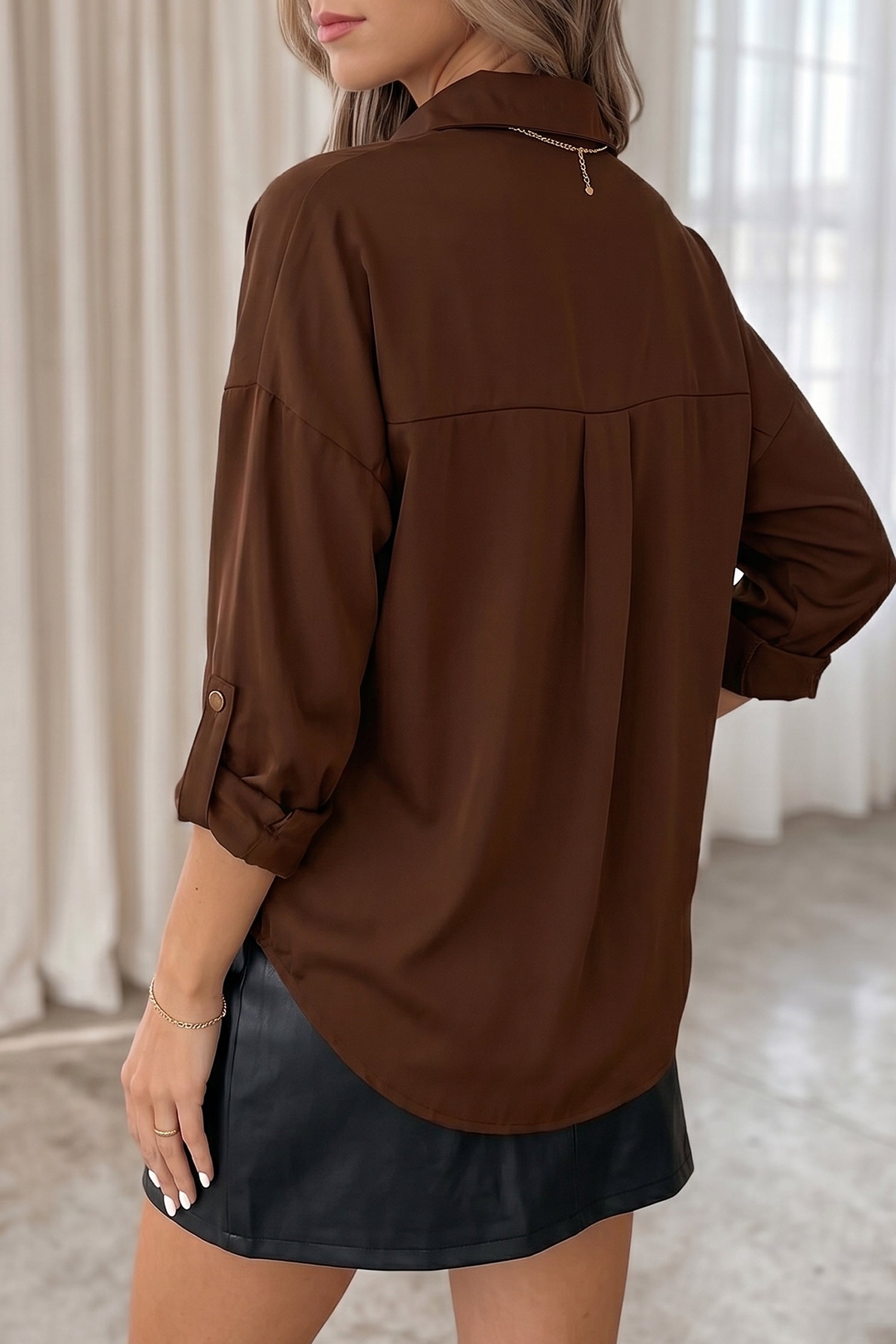 Coffee Multi Button Decoration Tab Long Sleeve Casual Shirt-Tops/Blouses & Shirts-[Adult]-[Female]-2022 Online Blue Zone Planet