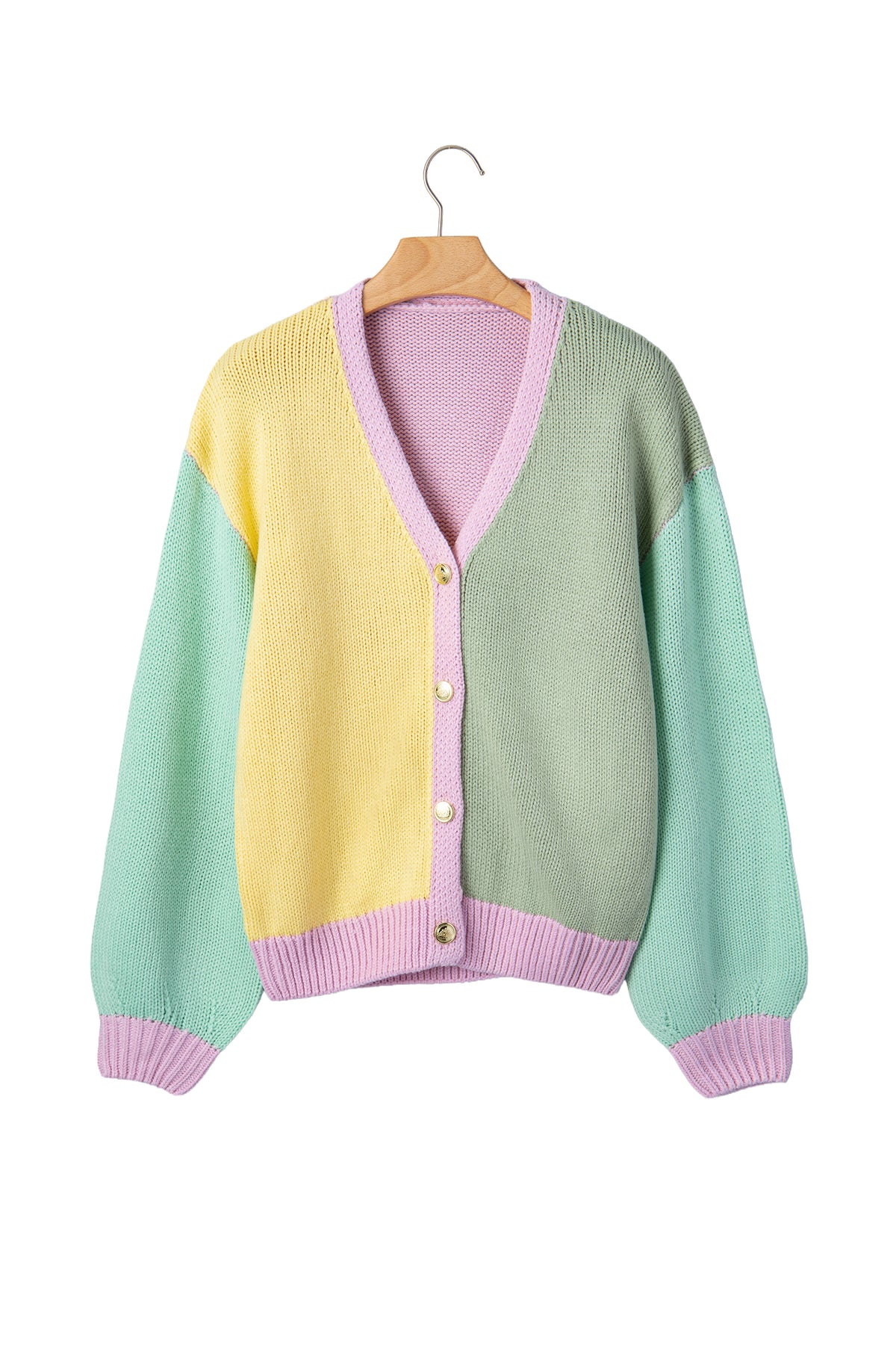 Yellow V Neck Drop Shoulder Patchwork Regular Wash Knitwear Cardigan-Sweaters & Cardigans/Cardigans-[Adult]-[Female]-2022 Online Blue Zone Planet