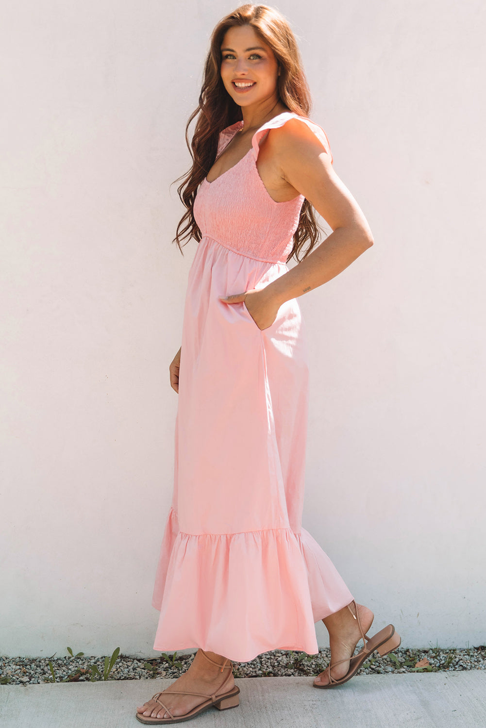 Pink V Neck Flutter Sleeve Smocked Bodice High Waist Ruffle Maxi Dress-Dresses/Maxi Dresses-[Adult]-[Female]-2022 Online Blue Zone Planet