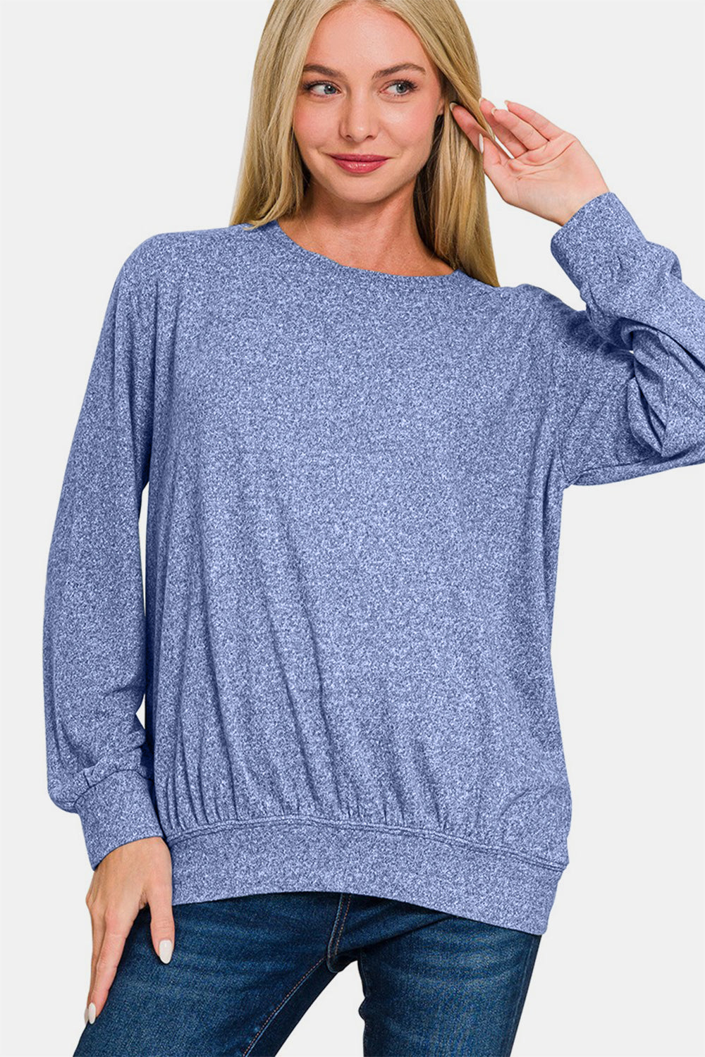 Blue Zone Planet | Zenana Full Size Melange Round Neck Top-TOPS / DRESSES-[Adult]-[Female]-2022 Online Blue Zone Planet