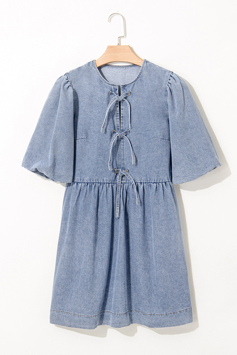 Dusk Blue Bowknot Bubble Sleeve Short Denim Dress-TOPS / DRESSES-[Adult]-[Female]-2022 Online Blue Zone Planet