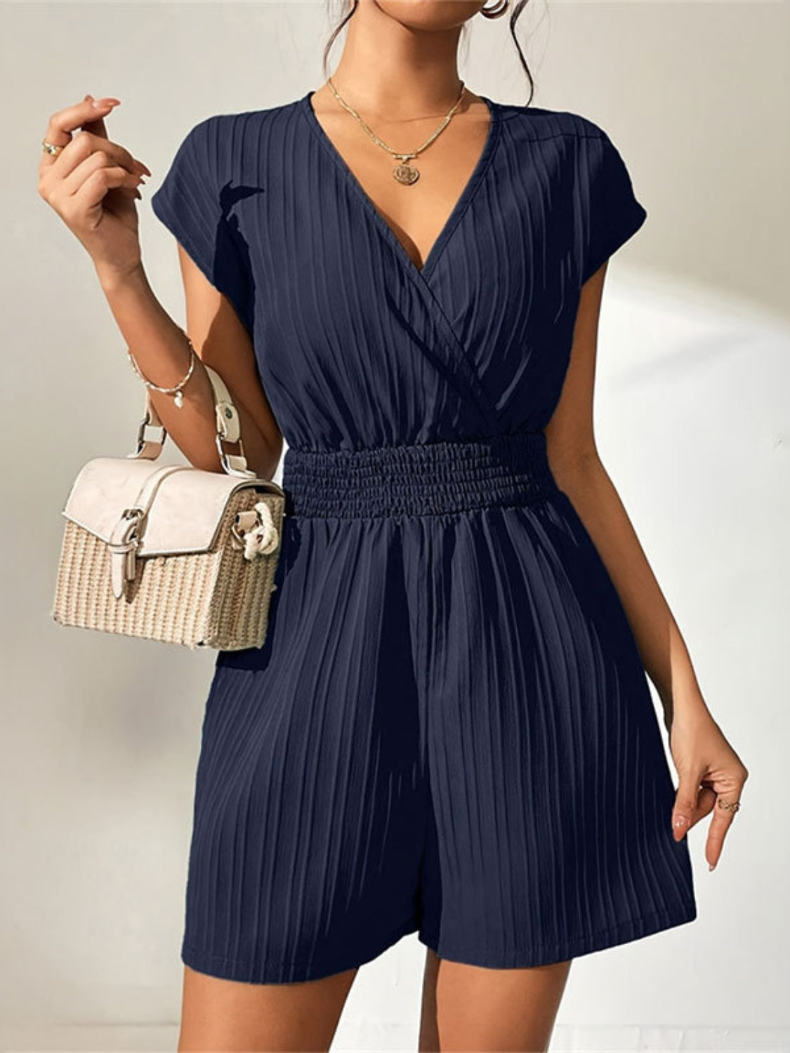 Tied Surplice Short Sleeve Romper-TOPS / DRESSES-[Adult]-[Female]-2022 Online Blue Zone Planet