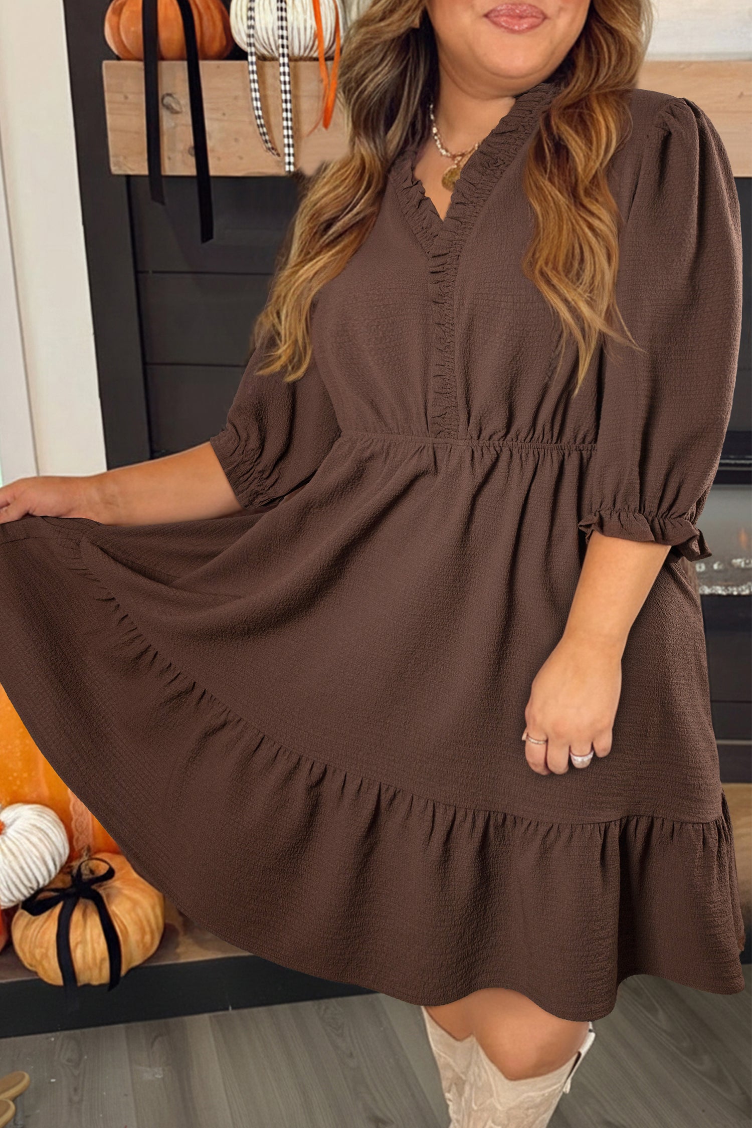 Coffee Plus Size Frilled Trim V Neck Puff Sleeve Textured Mini Dress-Plus Size/Plus Size Dresses/Plus Size Mini Dresses-[Adult]-[Female]-Coffee-1X-2022 Online Blue Zone Planet