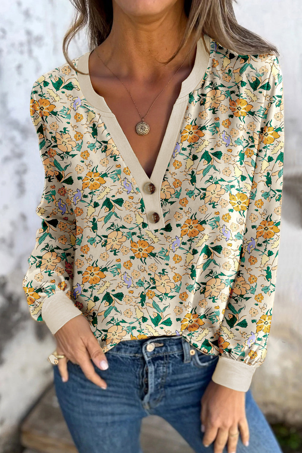 Khaki Floral Print Button Notched V Neck Long Sleeve Top-Tops/Long Sleeve Tops-[Adult]-[Female]-Khaki-S-2022 Online Blue Zone Planet