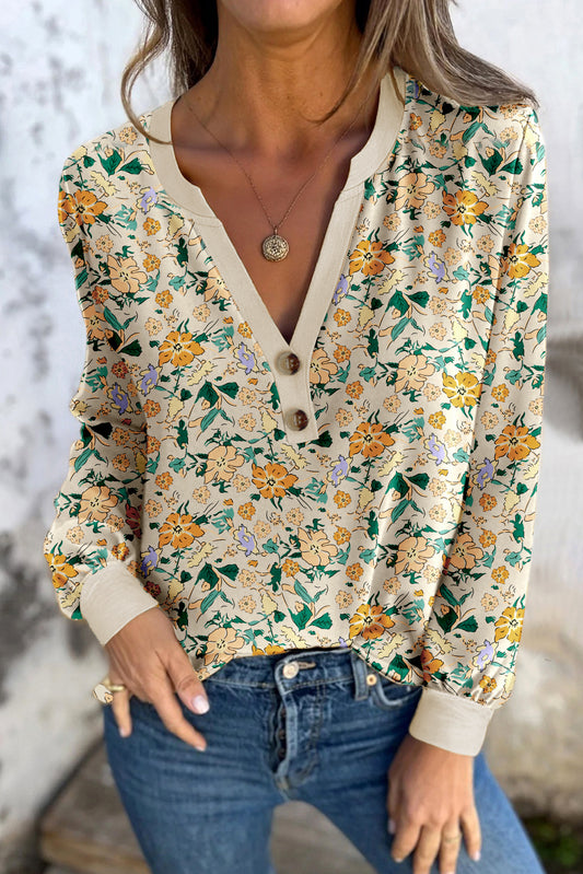 Khaki Floral Print Button Notched V Neck Long Sleeve Top-Tops/Long Sleeve Tops-[Adult]-[Female]-Khaki-S-2022 Online Blue Zone Planet