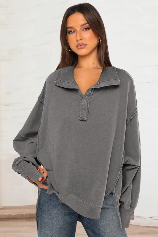 Exposed Seam Side Slit Long Sleeve Sweatshirt-TOPS / DRESSES-[Adult]-[Female]-Dark Gray-S-2022 Online Blue Zone Planet