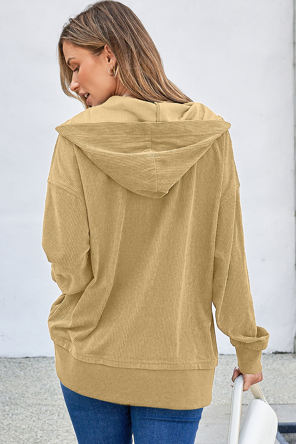 Simply Taupe Solid Ribbed Knit Buttoned Drop Shoulder Oversized Hoodie-Tops/Sweatshirts & Hoodies-[Adult]-[Female]-2022 Online Blue Zone Planet