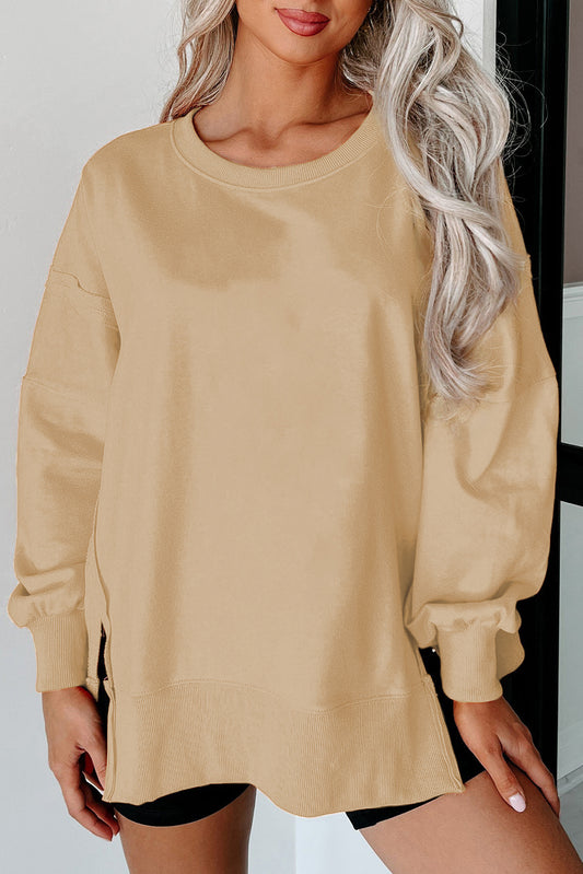 Light French Beige Exposed Seam Drop Shoulder Round Neck Sweatshirt with Slits-Tops/Sweatshirts & Hoodies-[Adult]-[Female]-Light French Beige-S-2022 Online Blue Zone Planet