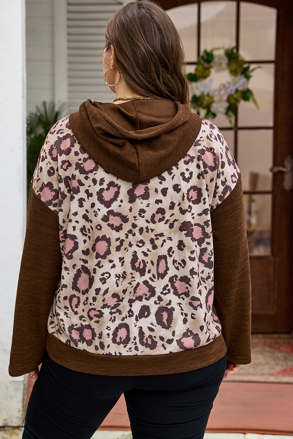 Brown Leopard Print Knit Patchwork Plus Hoodie-Tops / Dresses-[Adult]-[Female]-2022 Online Blue Zone Planet