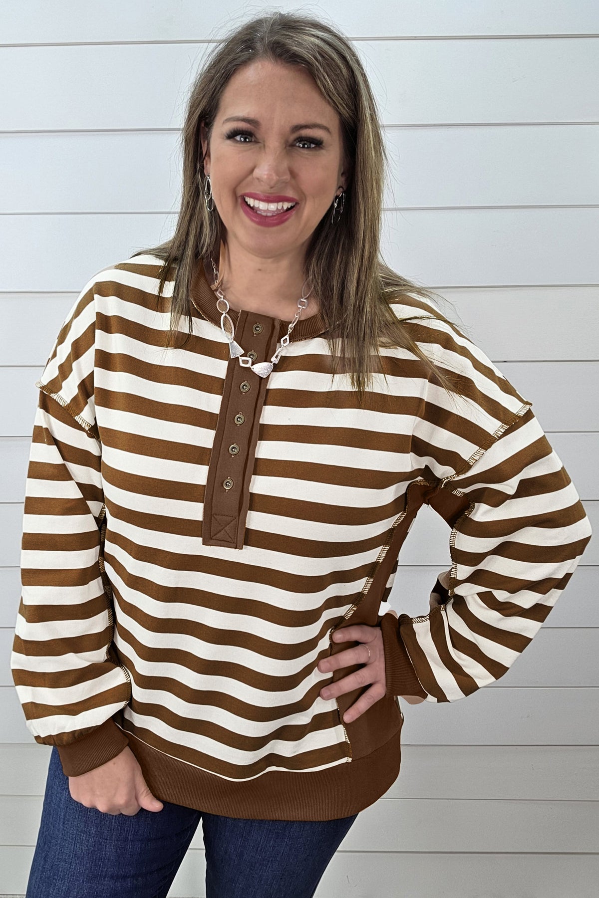 Khaki Stripe Striped V-Neck Button Tunic Ribbed Cuffs Long Sleeve Plus Size Sweatshirt