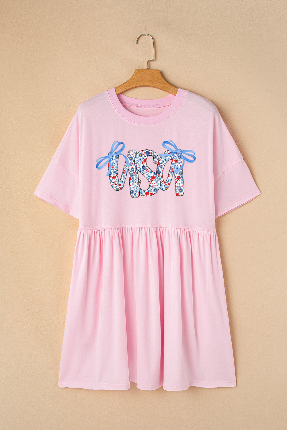Light Pink USA Floral Bow Print Drop Shoulder Babydoll Dress-Graphic Apparel-[Adult]-[Female]-2022 Online Blue Zone Planet