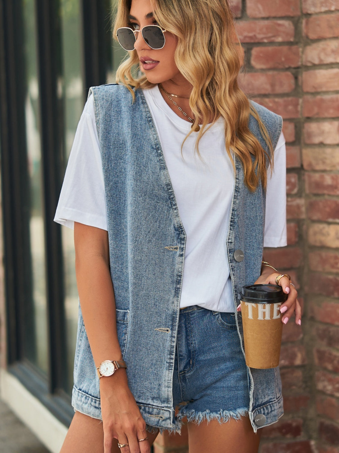 Full Size V-Neck Button Up Denim Vest-TOPS / DRESSES-[Adult]-[Female]-2022 Online Blue Zone Planet