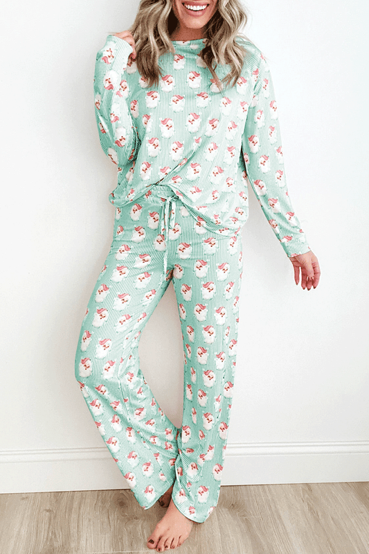 Green Santa Claus Striped Print Loose Fit Two Piece Lounge Set-Loungewear & Sleepwear/Loungewear-[Adult]-[Female]-Green-S-2022 Online Blue Zone Planet