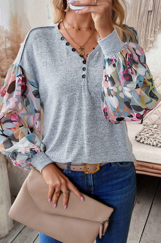 Printed Lantern Sleeve Buttoned V Neck Top-TOPS / DRESSES-[Adult]-[Female]-Light Gray-S-2022 Online Blue Zone Planet