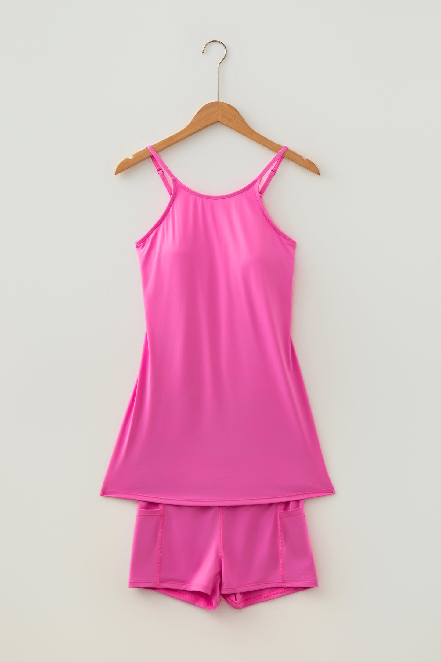 Pink Solid Color Tunic Tank Dress Athletic Shorts Two Piece Set