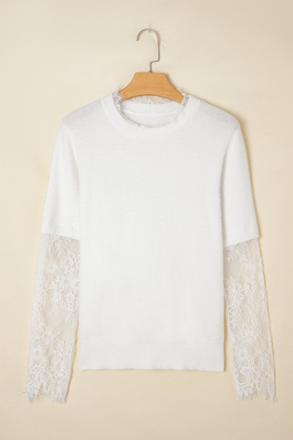 Beige Lace Sleeve Patchwork Faux Two-piece Fuzzy Sweater-TOPS / DRESSES-[Adult]-[Female]-2022 Online Blue Zone Planet