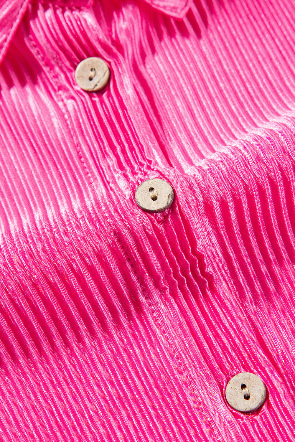 Blue Zone Planet |  Bright Pink Satin Pleated Short Sleeve Shirt Blue Zone Planet
