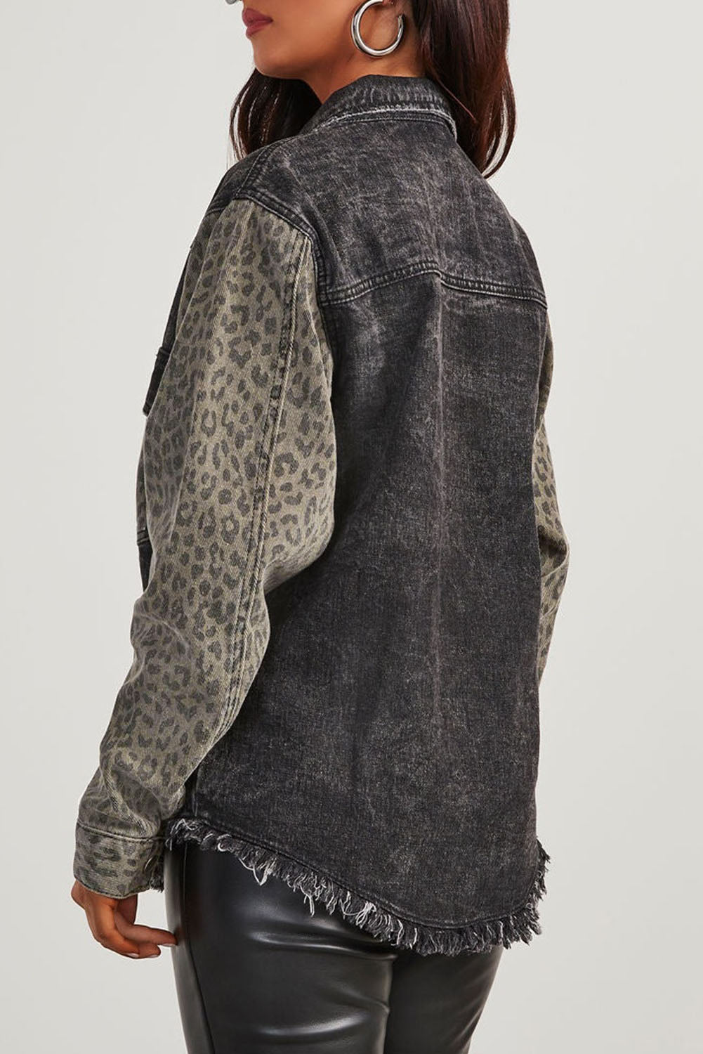 Blue Zone Planet | Raw Hem Leopard Snap Down Denim Jacket-TOPS / DRESSES-[Adult]-[Female]-2022 Online Blue Zone Planet