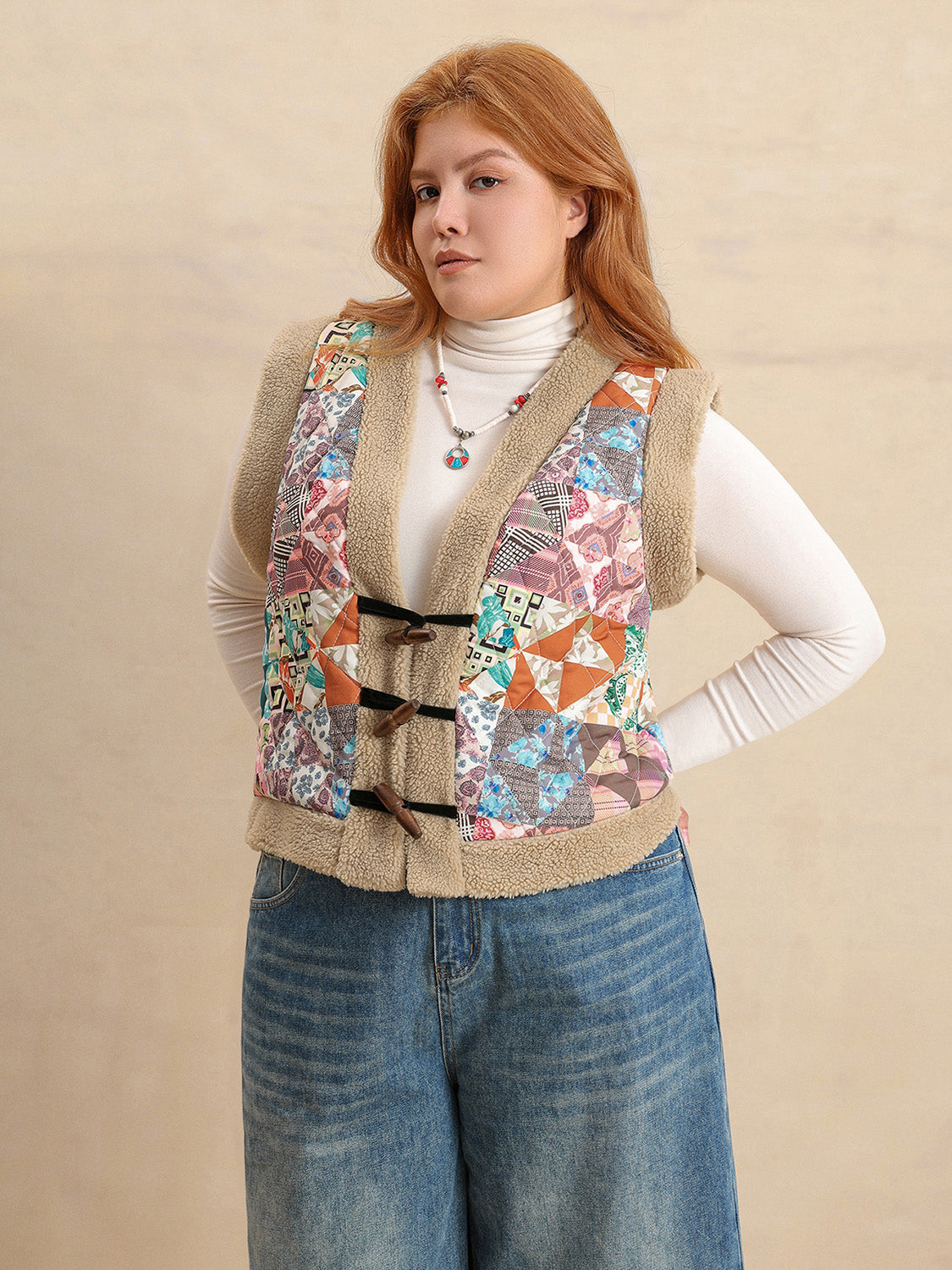 Plus Size Printed Sherpa Vest Coat-TOPS / DRESSES-[Adult]-[Female]-2022 Online Blue Zone Planet