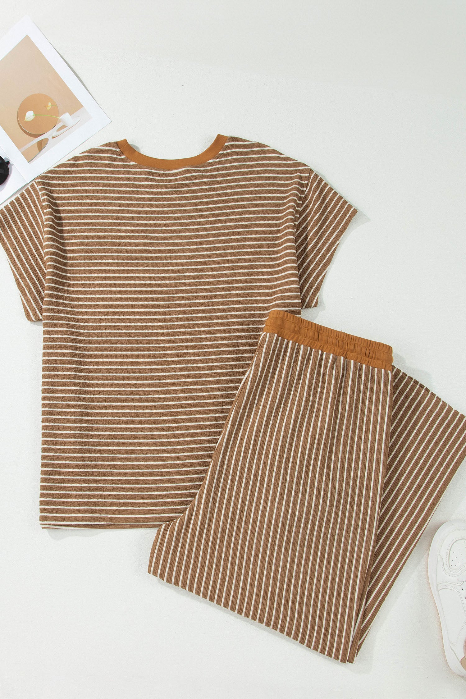 Khaki Stripe Plus Size Striped Colorblock Pocket Lounge Set-Plus Size/Plus Size Loungewear-[Adult]-[Female]-2022 Online Blue Zone Planet