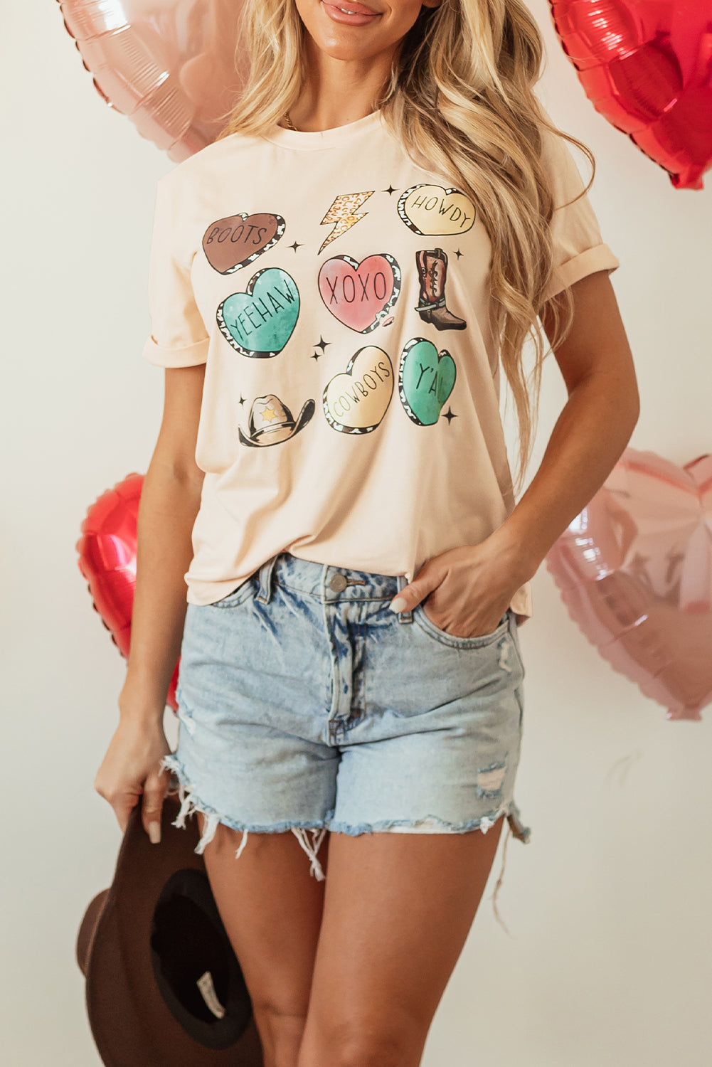 Khaki Western Fashion Valentine Graphic T-shirt-Graphic/Graphic Tees-[Adult]-[Female]-2022 Online Blue Zone Planet