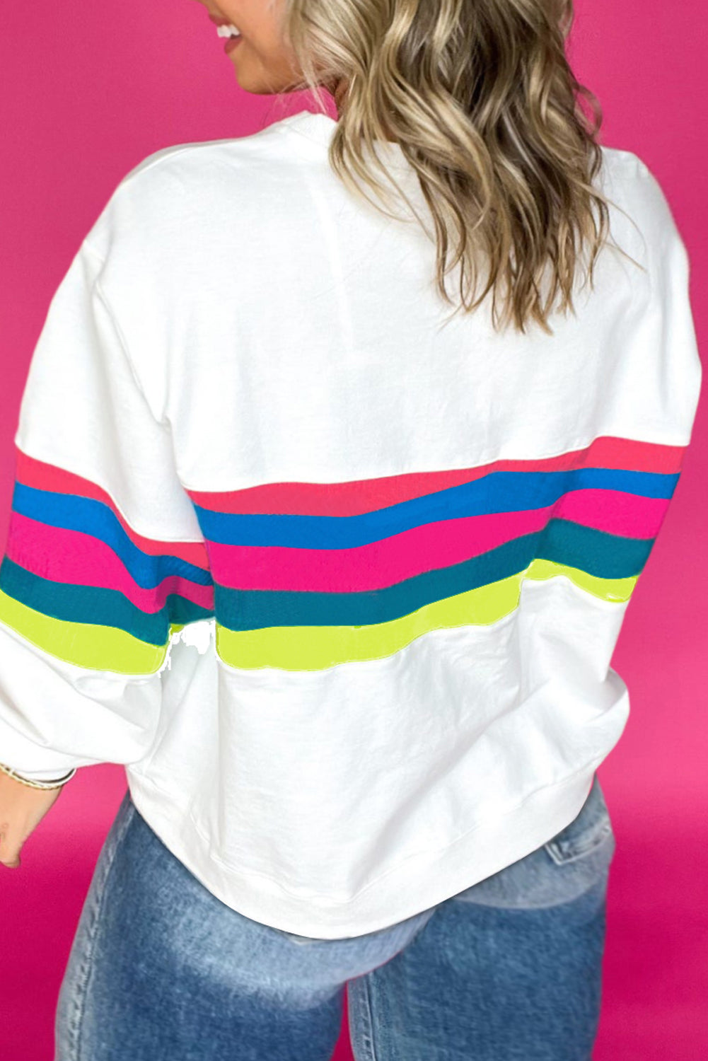 Blue Zone Planet | White Plus Size Colorful Striped Drop Shoulder Loose Sweatshirt-Plus Size/Plus Size Sweatshirts & Hoodies-[Adult]-[Female]-2022 Online Blue Zone Planet