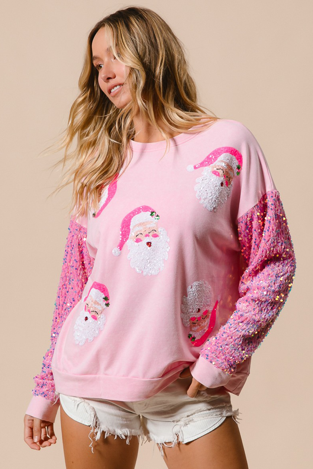 Blue Zone Planet | Pink Sequined Santa Claus Long Sleeve Christmas Sweatshirt-Sweatshirts & Hoodies-[Adult]-[Female]-2022 Online Blue Zone Planet