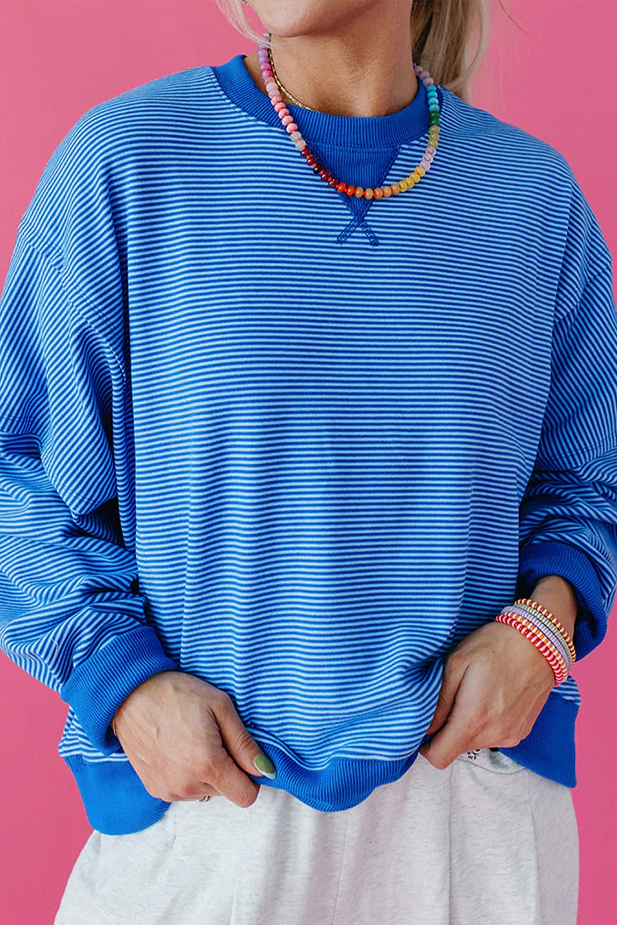 Blue Stripe Ribbed Cuffs Hem Long Sleeve Pullover Top-Tops/Long Sleeve Tops-[Adult]-[Female]-2022 Online Blue Zone Planet