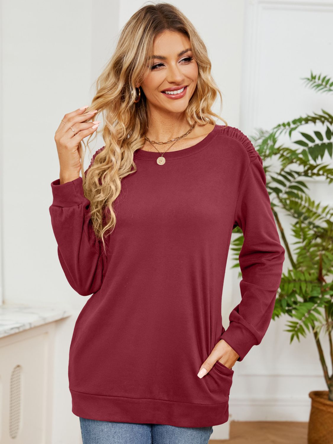 Ruched Shoulder Round Neck Long Sleeve Sweatshirt-TOPS / DRESSES-[Adult]-[Female]-2022 Online Blue Zone Planet