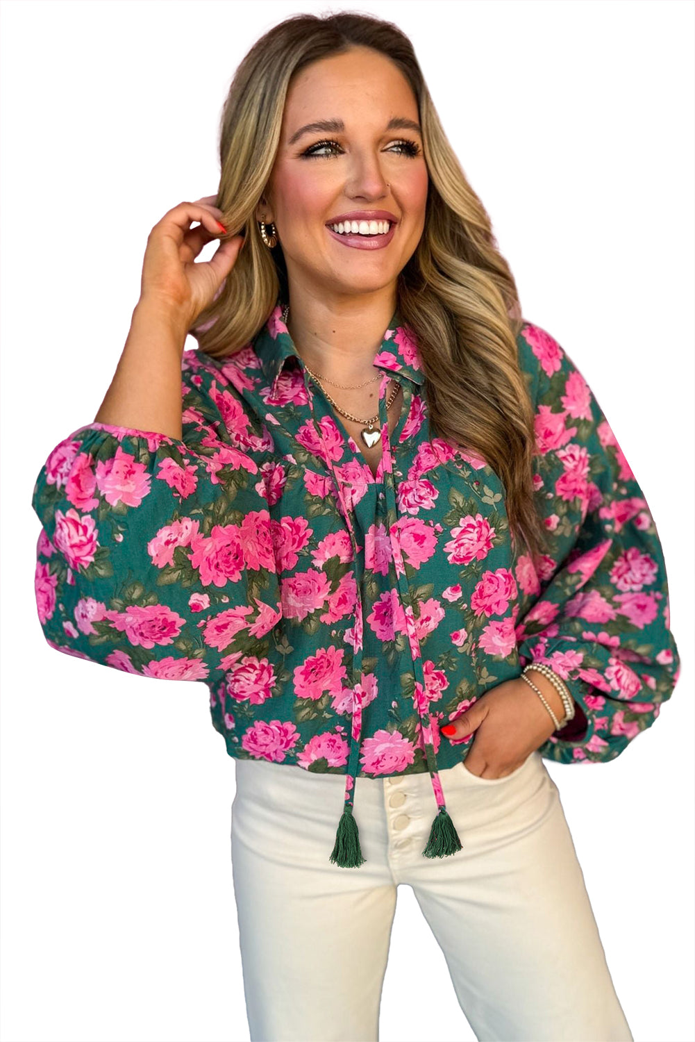 Green Floral Print Collared Puff Sleeve Blouse-Blouses-[Adult]-[Female]-2022 Online Blue Zone Planet