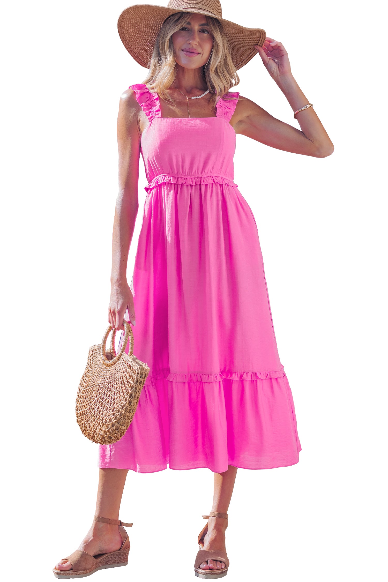 Bonbon Solid Color Ruffle Trim High Waist Sleeveless Maxi Dress-TOPS / DRESSES-[Adult]-[Female]-2022 Online Blue Zone Planet
