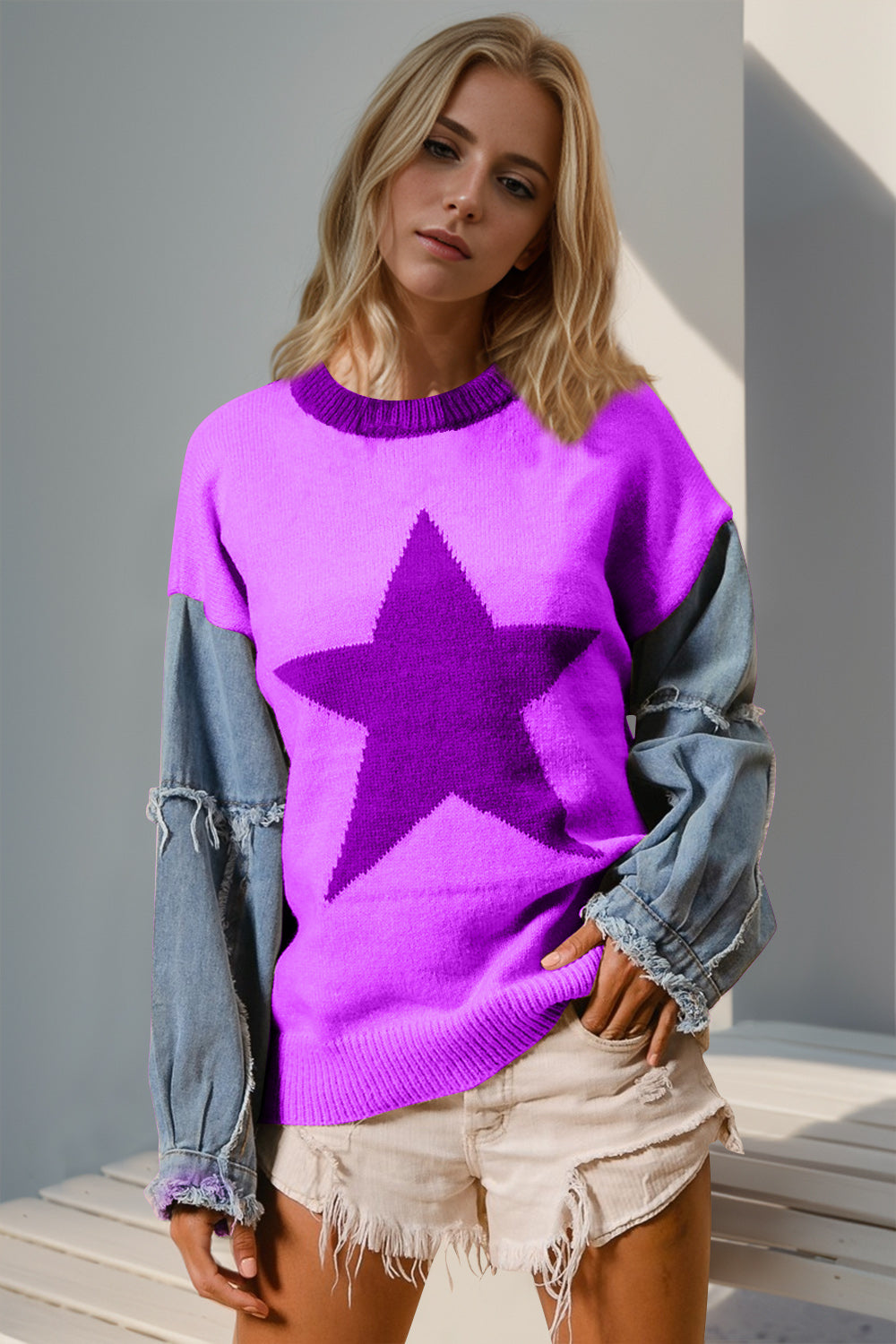 Blue Zone Planet | Double Take Full Size Star Pattern Raw Edge Long Sleeve Sweater-TOPS / DRESSES-[Adult]-[Female]-Vivid Violet-S/M-2022 Online Blue Zone Planet