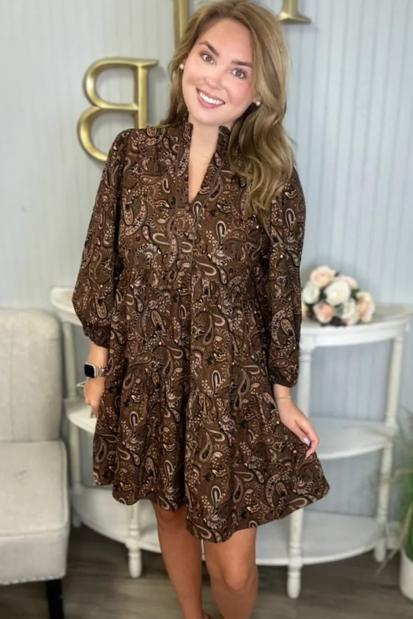 Brown Paisley Print Half Buttons Puff Sleeve Flowy Short Dress-TOPS / DRESSES-[Adult]-[Female]-2022 Online Blue Zone Planet