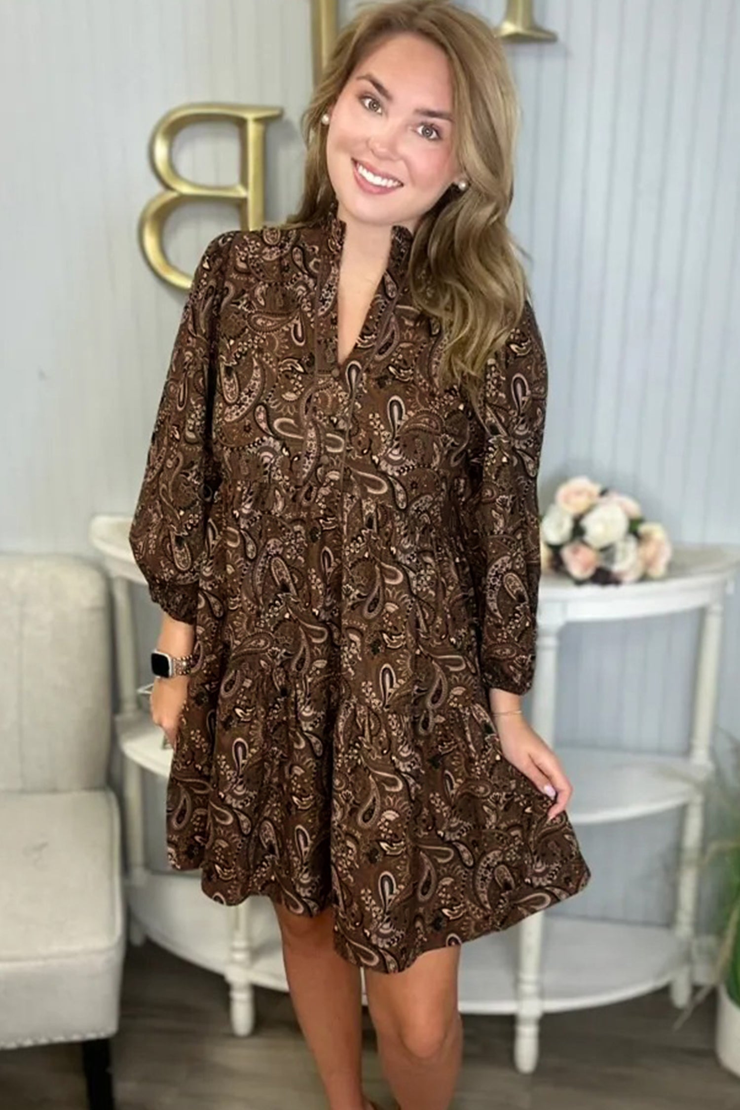 Brown Paisley Print Half Buttons Puff Sleeve Flowy Short Dress-TOPS / DRESSES-[Adult]-[Female]-2022 Online Blue Zone Planet