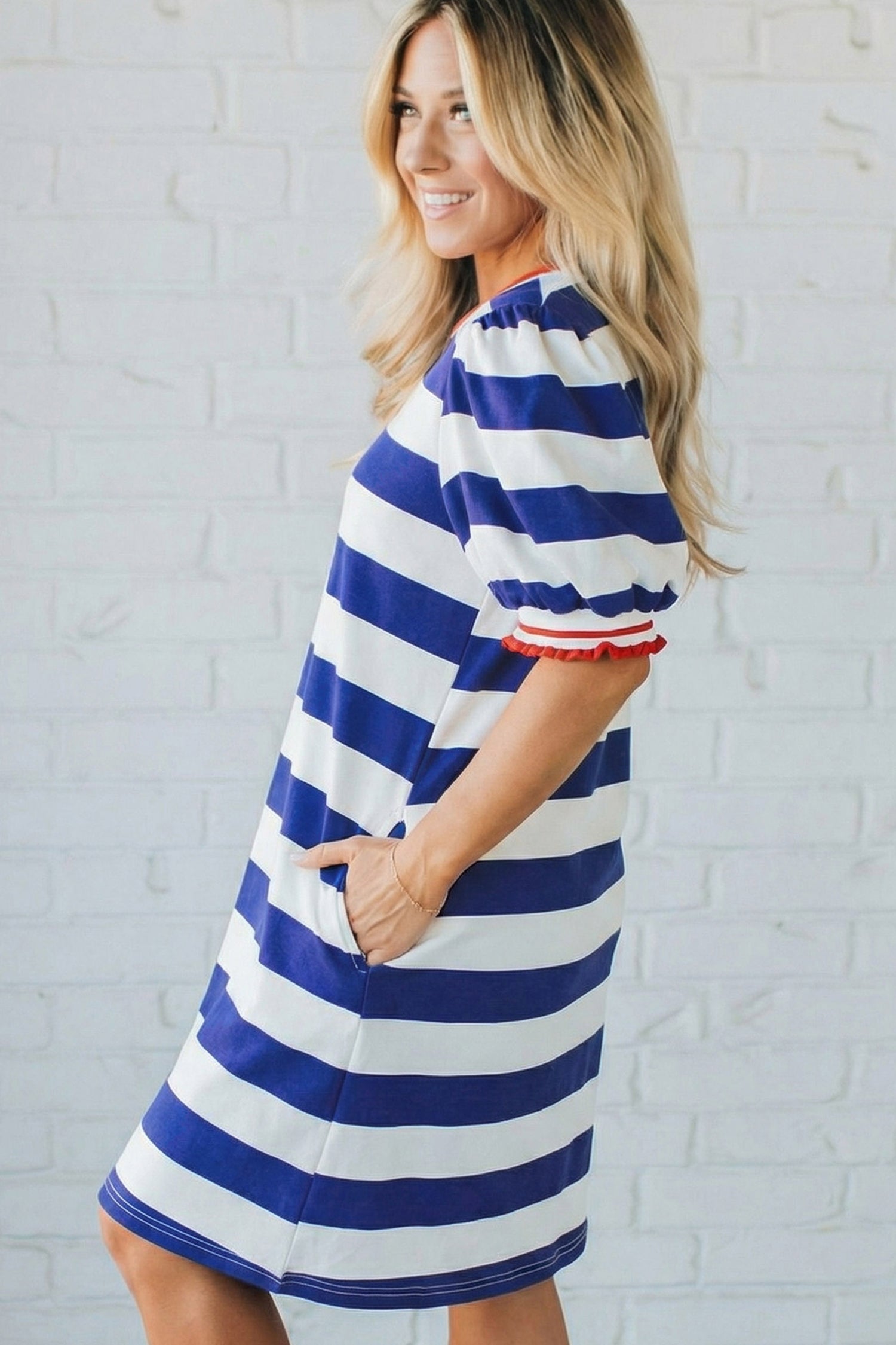 Blue Stripe Contrast Trim Round Neck Short Puff Sleeve Shift Mini Dress-TOPS / DRESSES-[Adult]-[Female]-2022 Online Blue Zone Planet