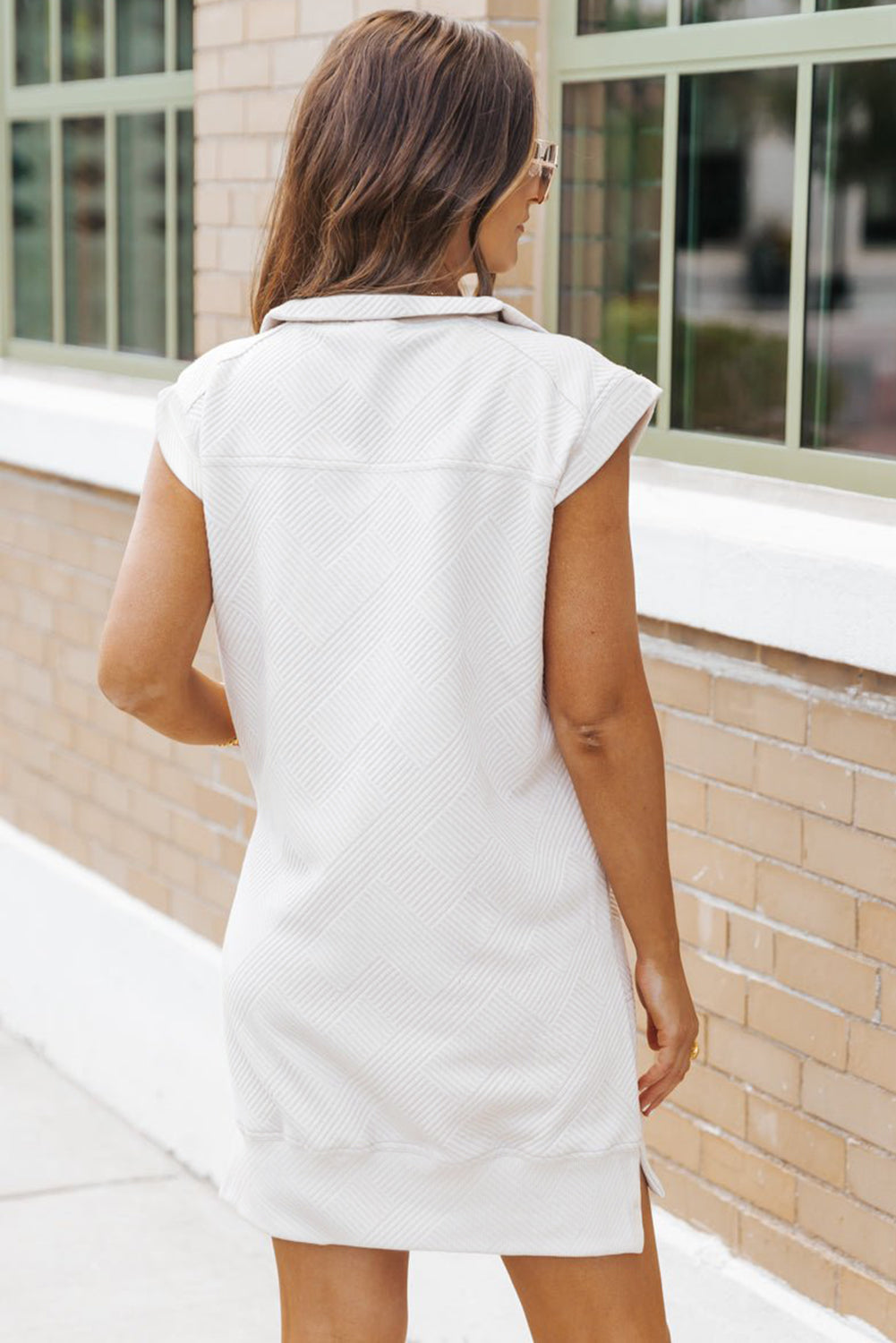 White Textured Half Zip Collared Cap Sleeve Mini Dress-TOPS / DRESSES-[Adult]-[Female]-2022 Online Blue Zone Planet