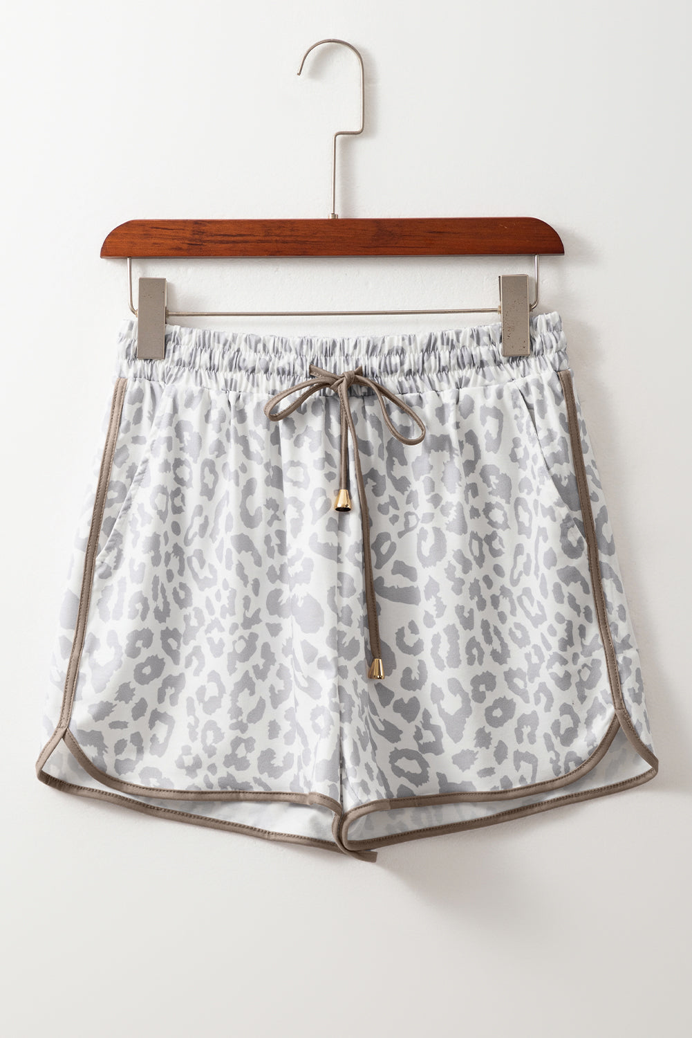 Blue Zone Planet | White Leopard Elastic Waist Lace up Contrast Trim Casual Shorts-Bottoms/Casual Shorts-[Adult]-[Female]-2022 Online Blue Zone Planet